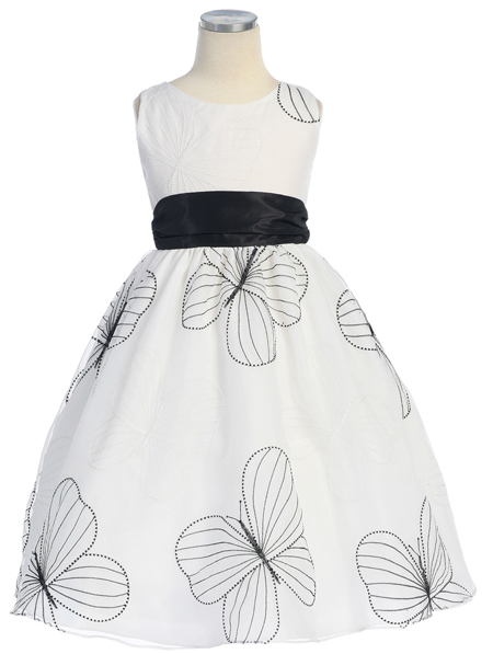 Детское платье "Бабочки" (белое с черным поясом)